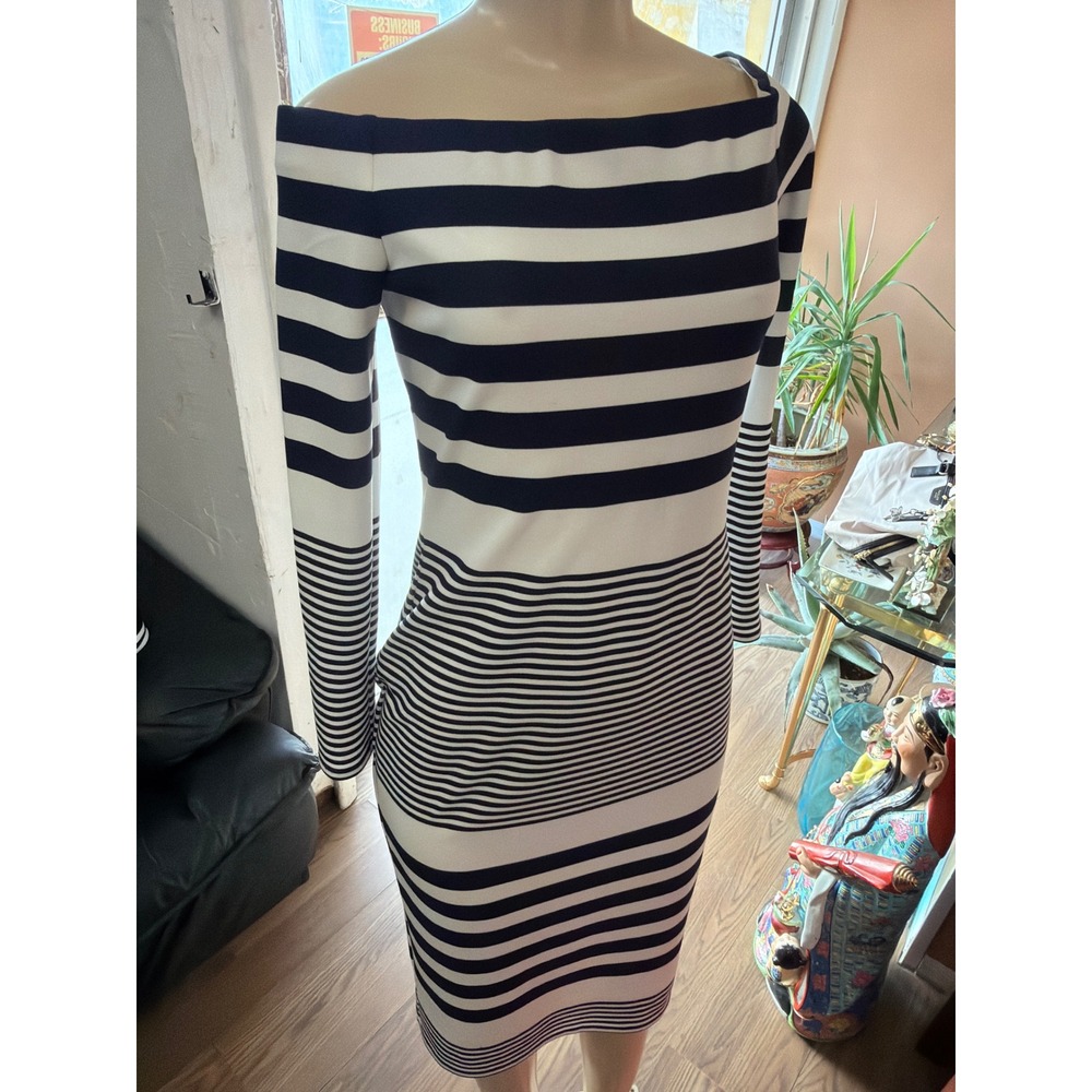 Eliza J Navy White Striped Off The Shoulder Long‎ Sleeve Sheath Midi Dress 10